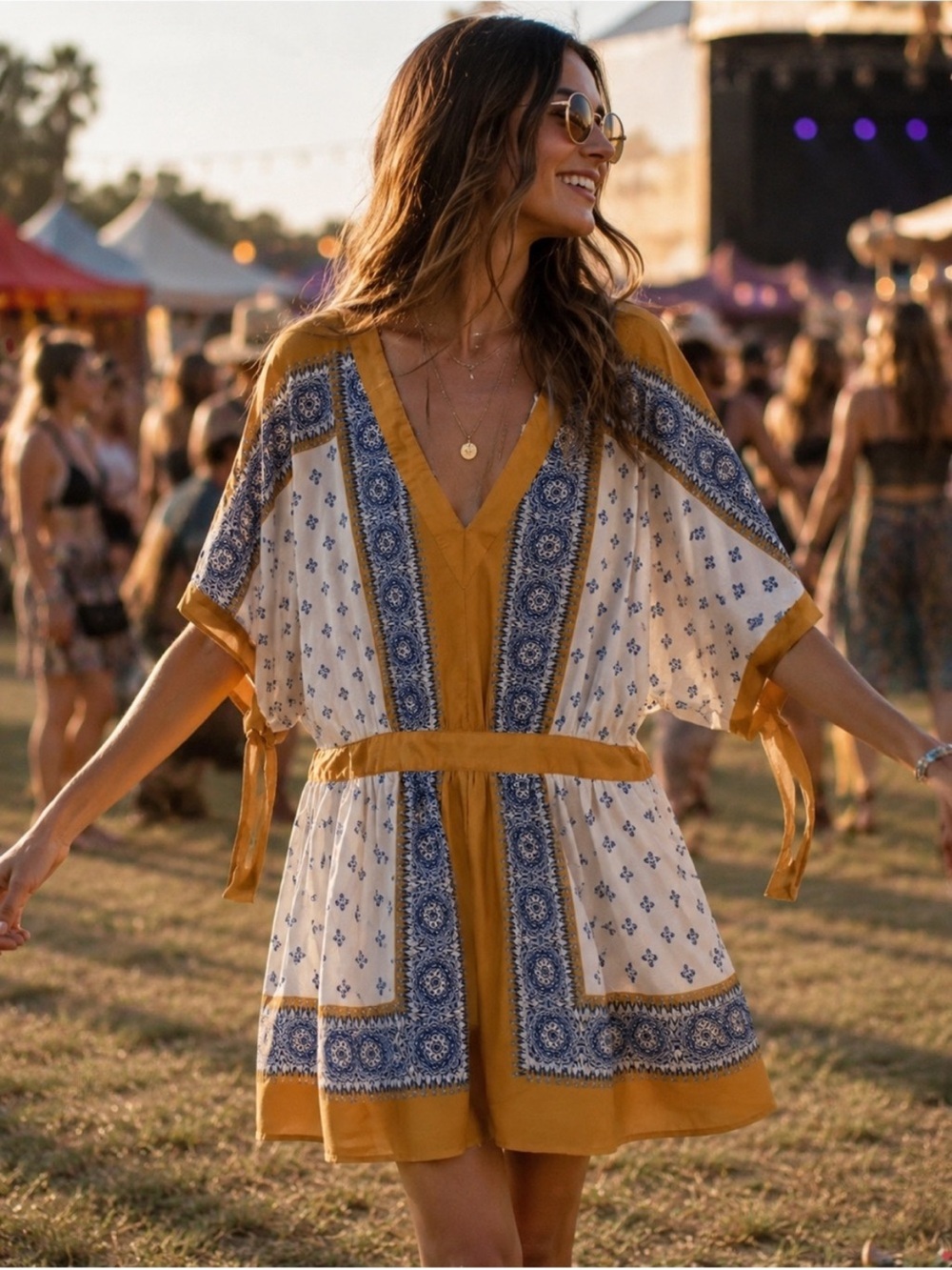Free People Boho Rayon/Poly Mustard Yellow and Blue Printed Mini Dress Size XS